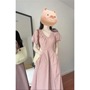 French Pink V-neck Puff Sleeve Tight Waist A- shaped dress Women's Summer High-end Elegant Tight Waist Mid-length Skirt